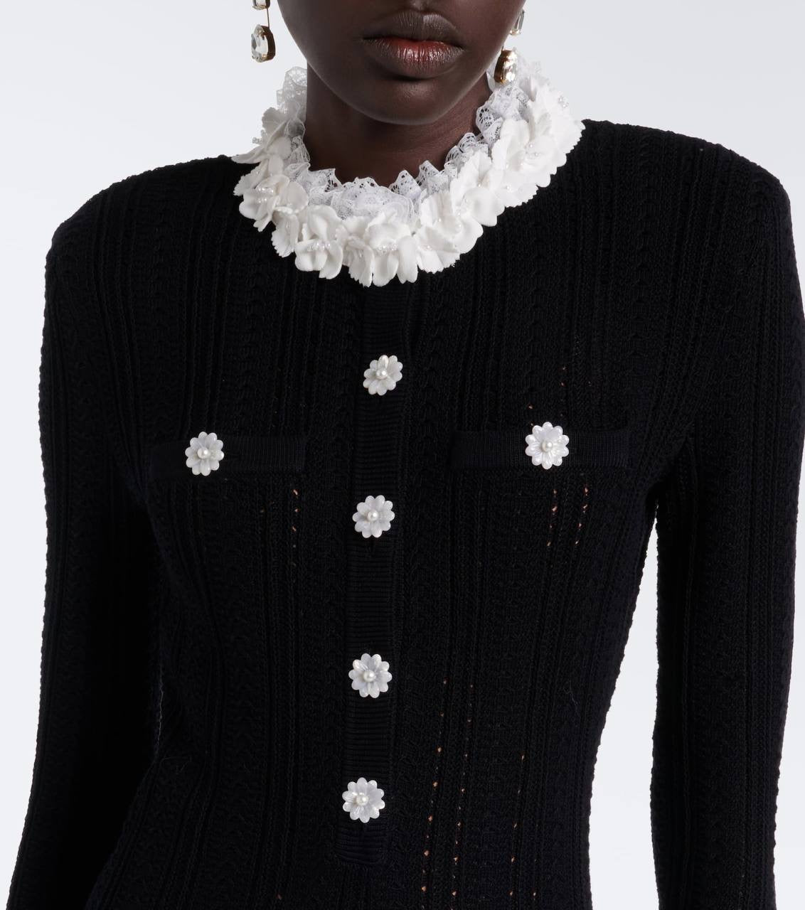 Black Flower Trim Knit Mini Dress