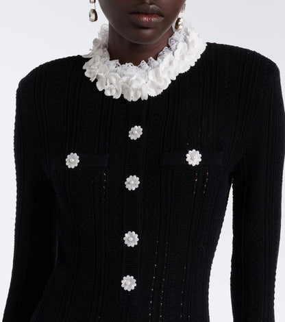 Black Flower Trim Knit Mini Dress