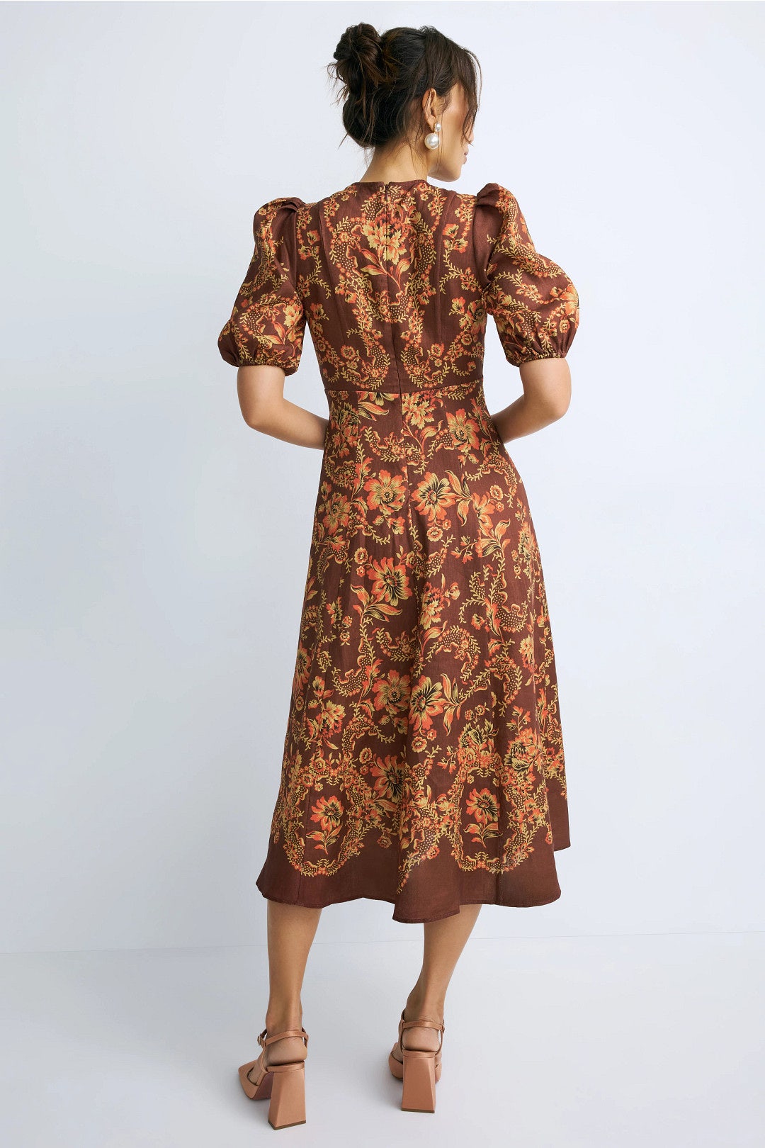 ALM Seraphina Printed Puff Sleeve Linen Midi Dress