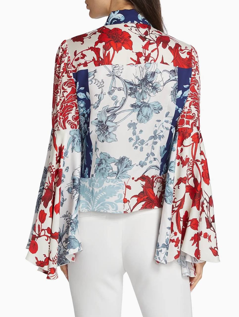 AO Willa Fitted Placket Bell-Sleeve Stretch-Silk Top