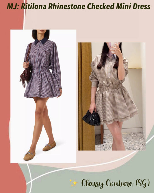 2 Colors! MJ Ritilona Rhinestone Checked Cotton Mini Dress Shirtdress (removable contrast collar)