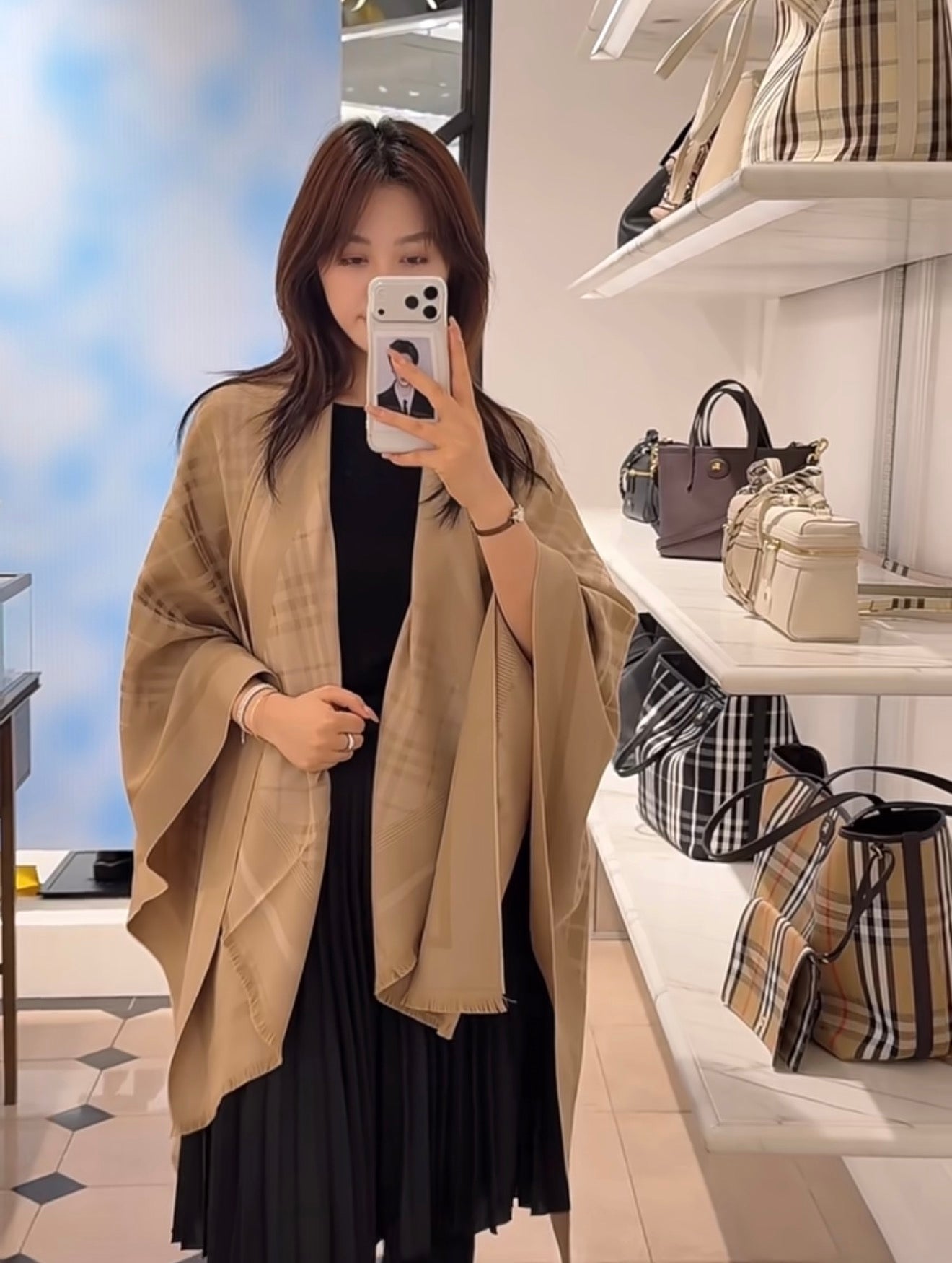 BBR Check Jacquard Wool-Cashmere Cape in Finch Beige
