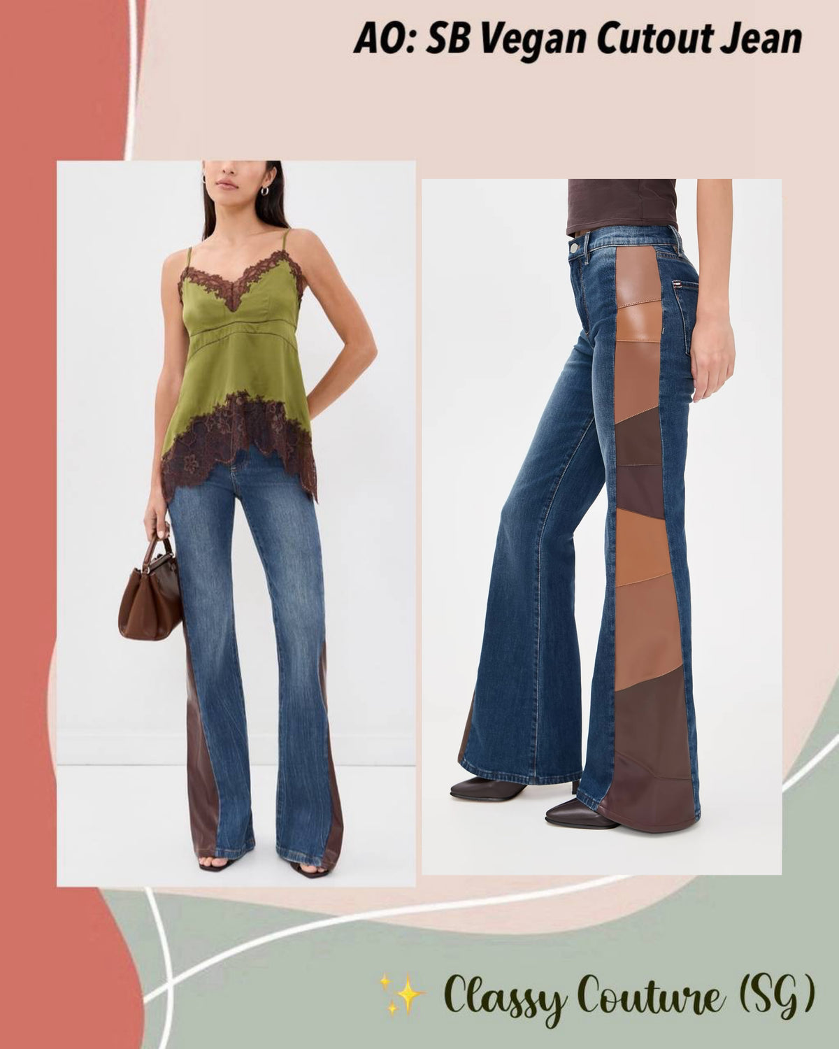 2 Styles! AO SB Vegan Faux-Leather Cutout Jeans in Patchwork Flare & Brown