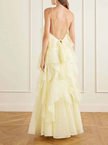 AJ Pandorea Halter Layered Maxi Dress in Iris Blue Floral & Butter Yellow