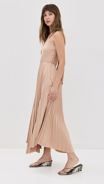 ALC Athena II Satin Pleated Halter Midi Dress in Bella Bronze Pink