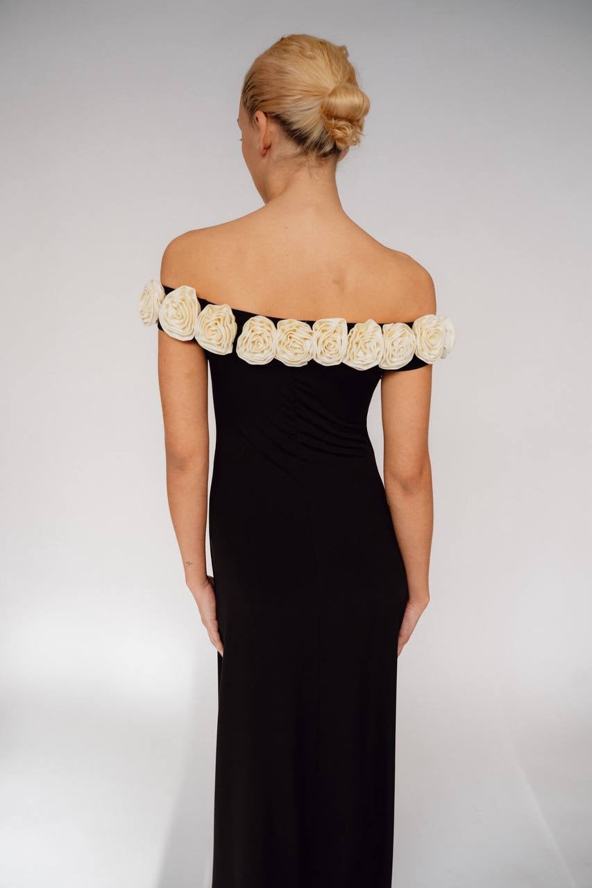ML Gabrielle Off-Shoulder Top | Gabby 3D Rose Appliqué Maxi Dress