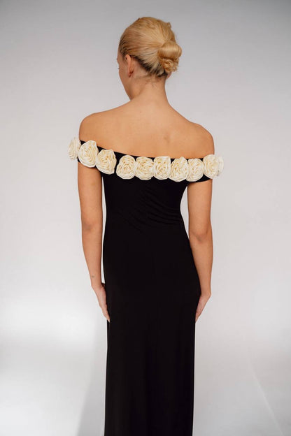 ML Gabrielle Off-Shoulder Top | Gabby 3D Rose Appliqué Maxi Dress