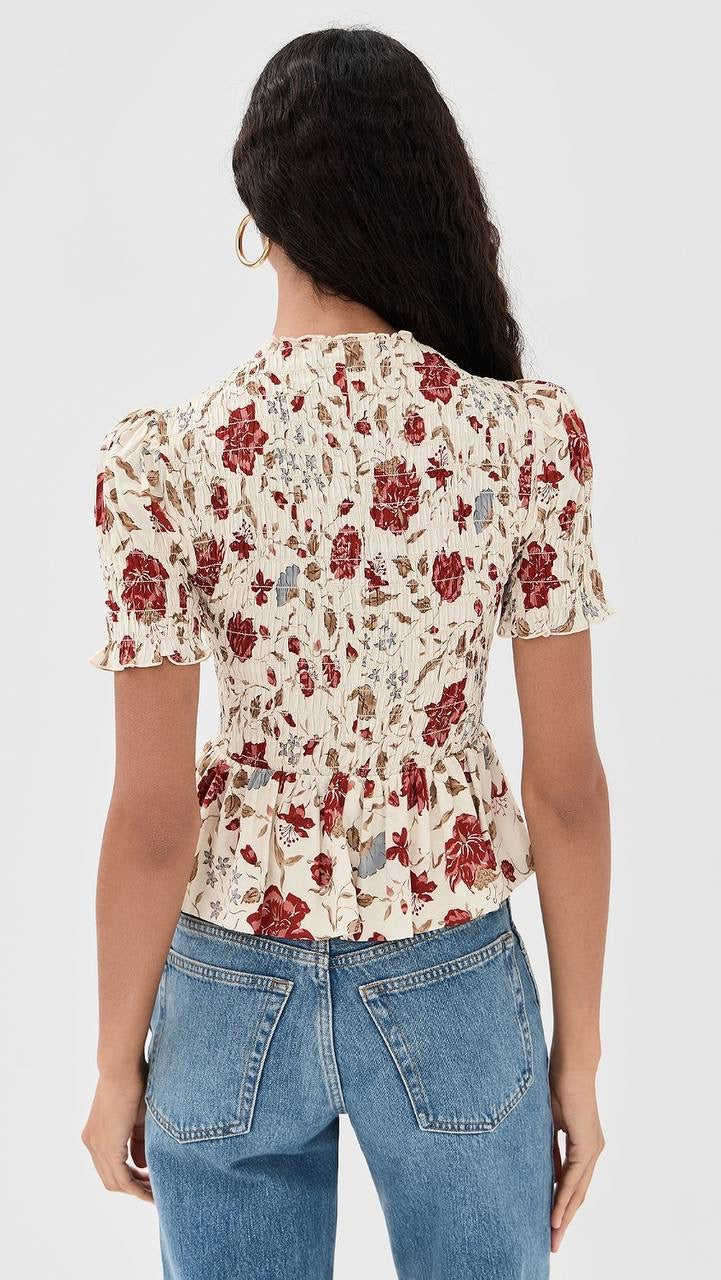 Ref Aggie Puff-Sleeve Smocked Peplum Top