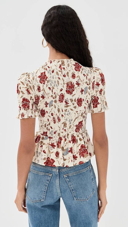 Ref Aggie Puff-Sleeve Smocked Peplum Top