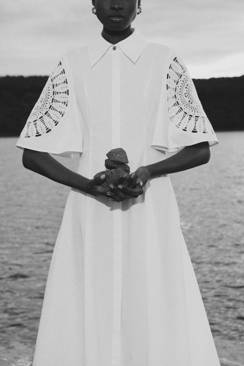CLE Valentina Linen-cotton Lace-sleeve Midi Maxi Dress