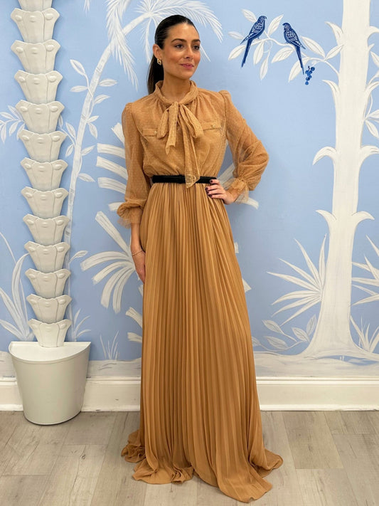 SP Tan Brown Dot Mesh Maxi Dress