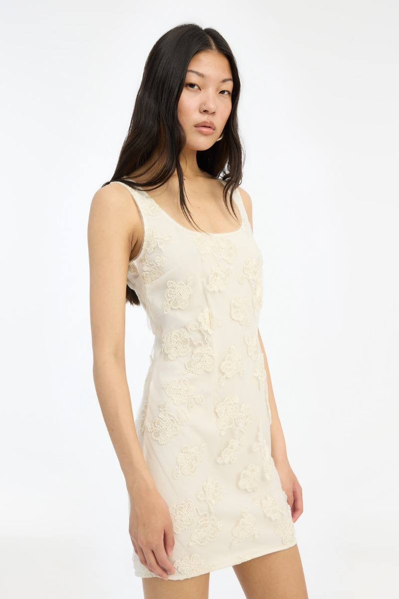 RT Beaded Square-neck Mini Dress in Egret White