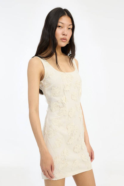 RT Beaded Square-neck Mini Dress in Egret White