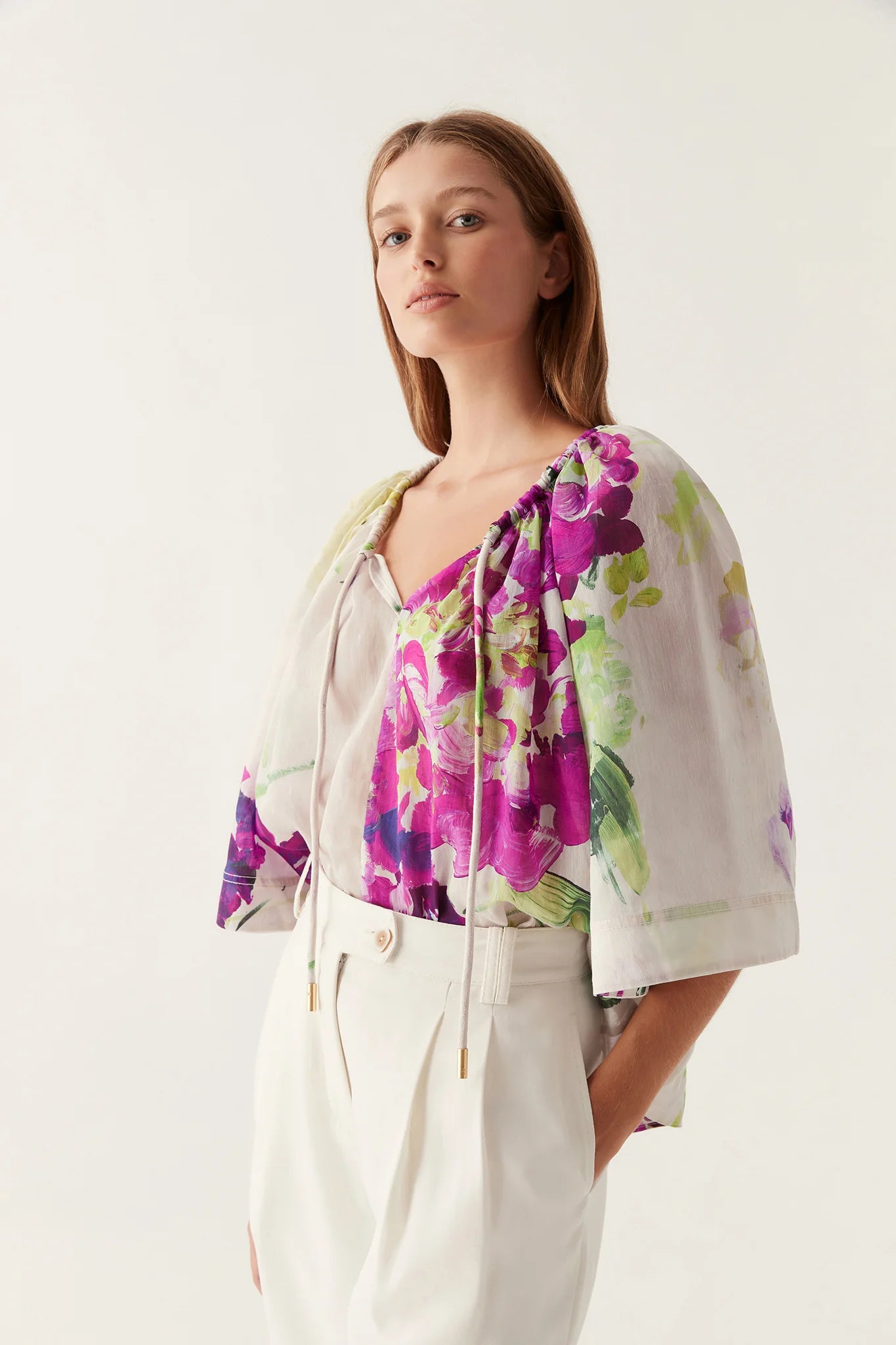 AJ Bridget Bell Sleeve Blouse in Wild Hydrangea Linen-Blend