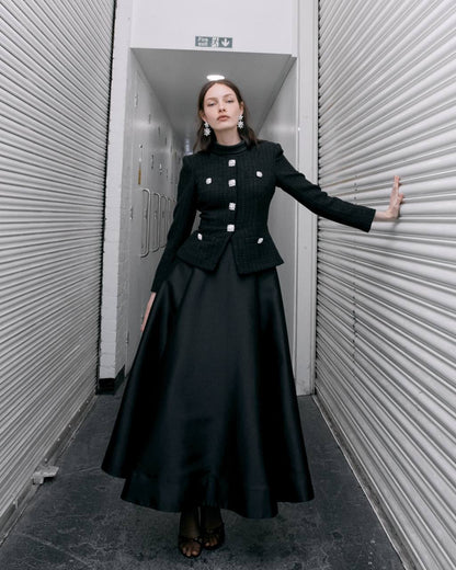 SP Black Boucle Taffeta Long Sleeved Midi Dress