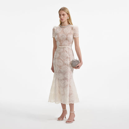 SP Cream Tulle Floral Lace Midi Dress