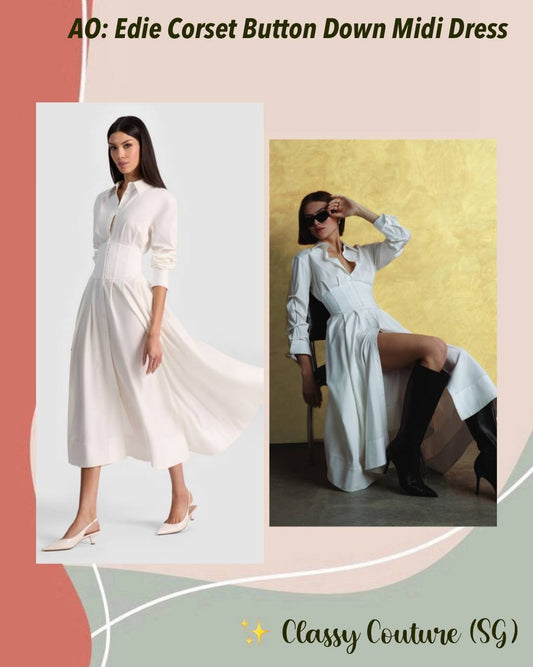 AO Edie Corset Viscose-blend Button-Down Shirtdress Midi Dress in White