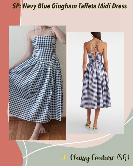 SP Navy Blue Gingham Taffeta Midi Dress