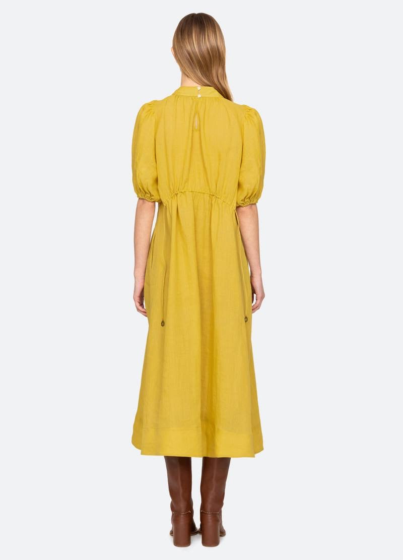 SE Anise S/S Short-Sleeved Ramie Puff Midi Dress (with detachable cotton slip)