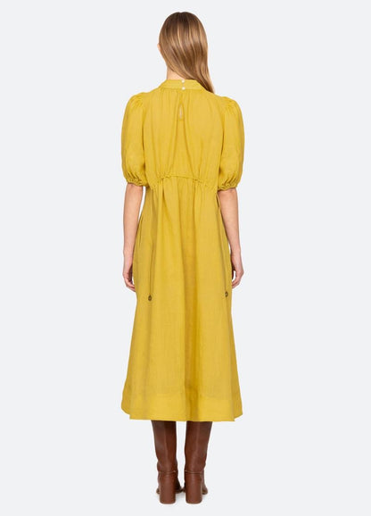 SE Anise S/S Short-Sleeved Ramie Puff Midi Dress (with detachable cotton slip)