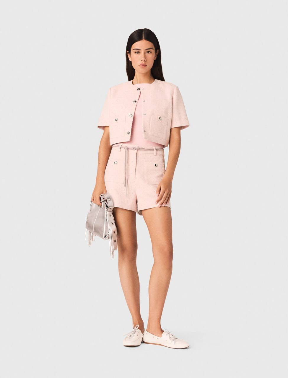 MJ Pink Tweed Cropped Short Sleeve Jacket Top | Shorts | Trouser Pant | Set