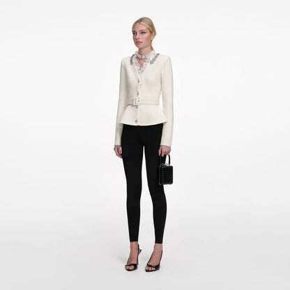 SP Cream Crystal Trim Cardigan Peplum Belted Top