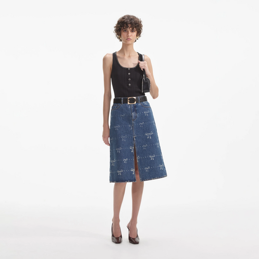 SP Bow Print Denim Midi Skirt