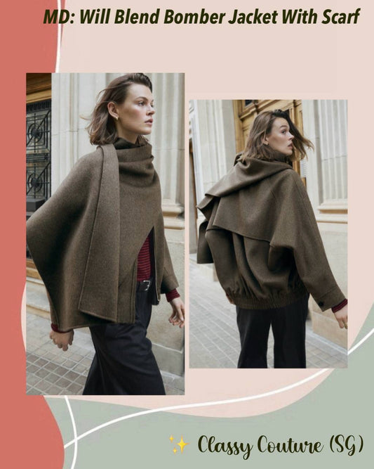 MD Wool-Blend Bomber Jacket With Detachable Scarf Cape