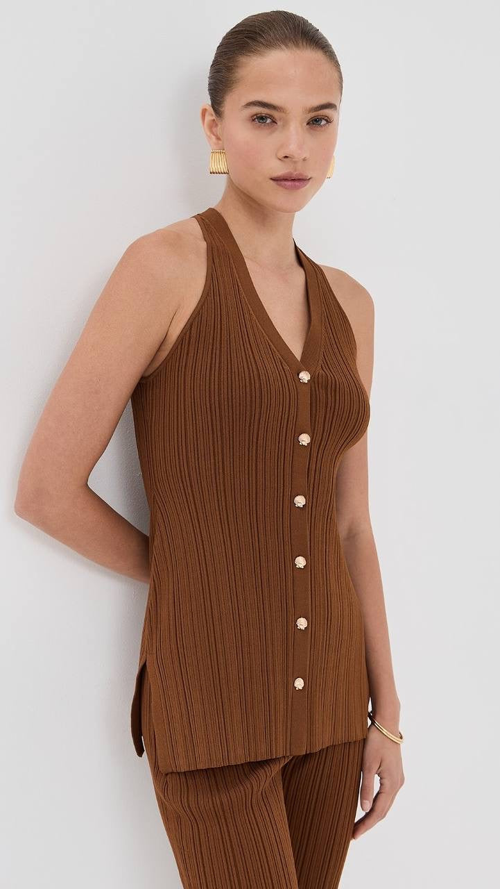 VB Dax Seashell Knit Vest | Massaro Pants | Viscose-blend Dark Whiskey Set