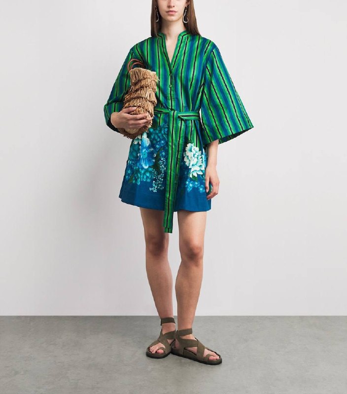 ALM004 Green/Blue Stripe Floral Bloom Organic-Cotton Mini Dress Shirtdress