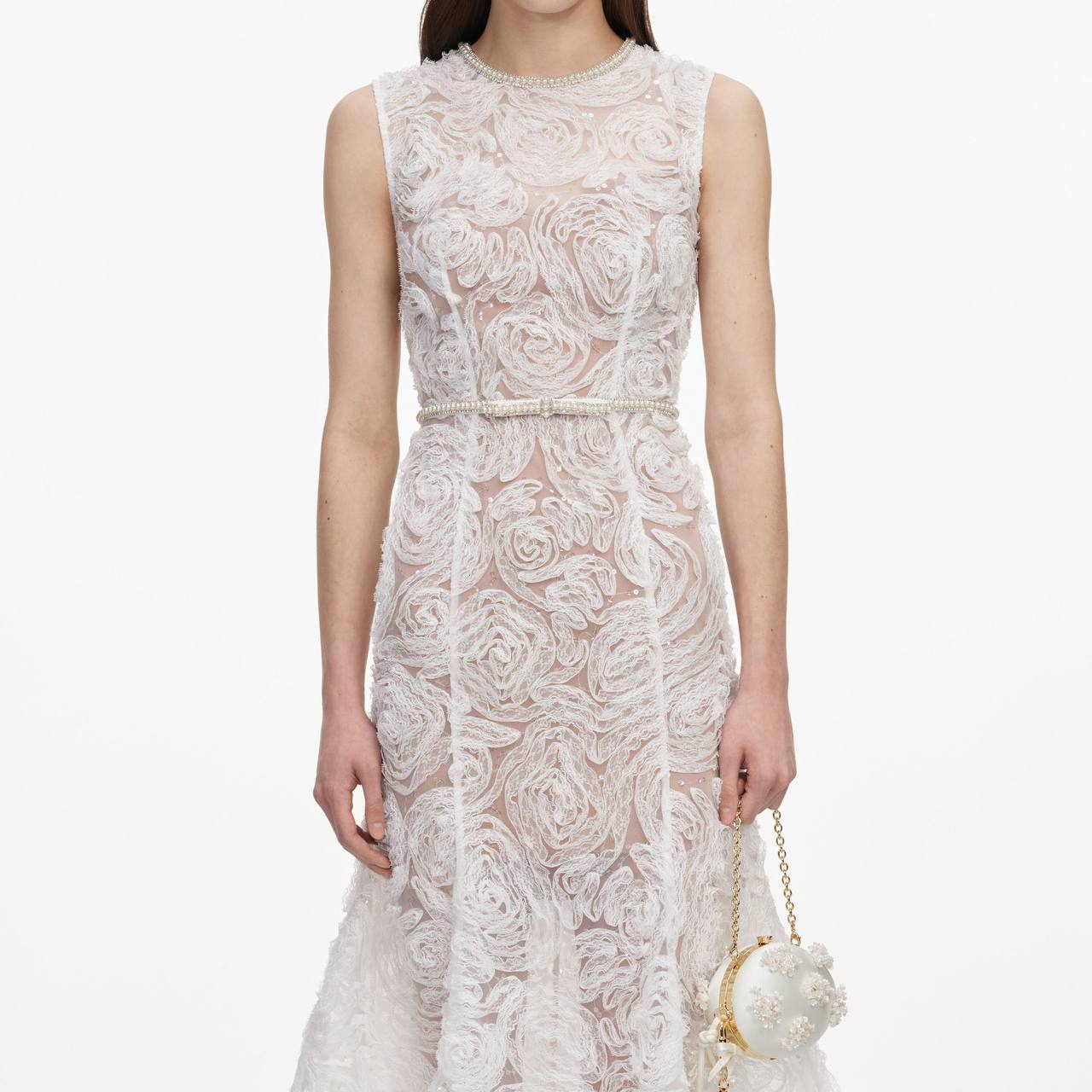 SP White Tulle Lace Belted Midi Dress