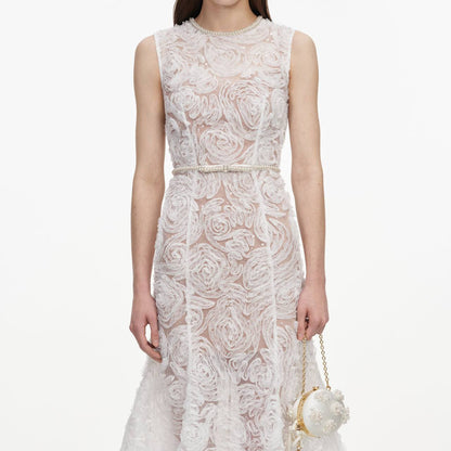 SP White Tulle Lace Belted Midi Dress