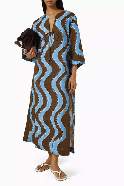 ALM019 Bold Brown/Blue Wave Stitch Tunic Shift Linen Midi Dress