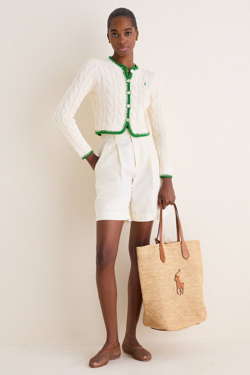 3 Colors! RL Whipstitch Trim Cable Stitch Cotton Cropped Cardigan