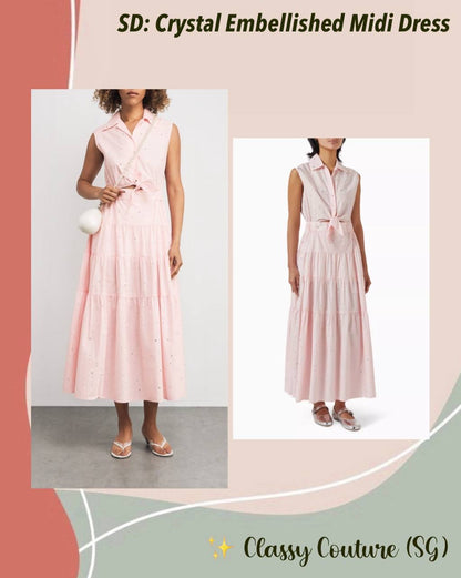 SD Azazel Pink Rhinestone Embellished Tie-Front Cotton Midi Dress