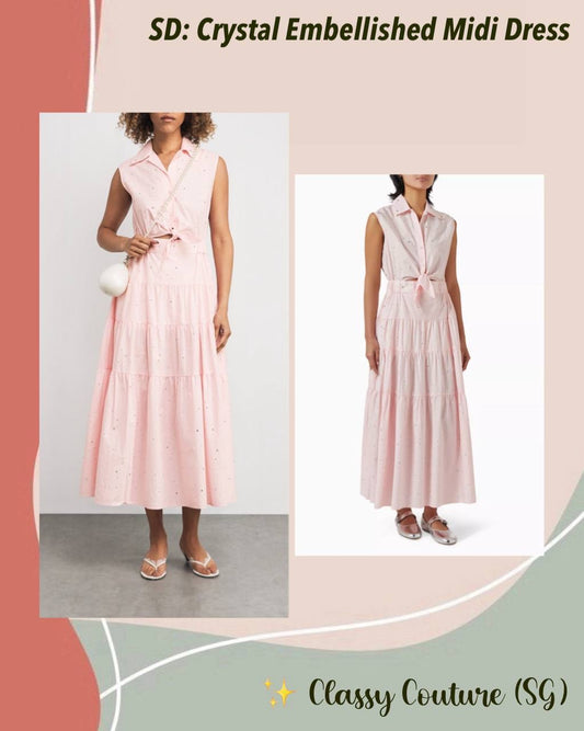 SD Azazel Pink Rhinestone Embellished Tie-Front Cotton Midi Dress