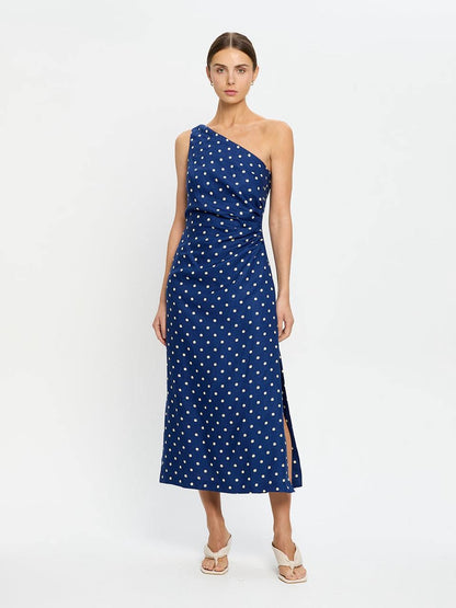 KV Lily One-Shoulder Toga Midi Dress | Strapless Bubble Cotton-Linen Polka Dot Maxi Dress