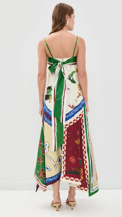 ALM021 Green Eclectic Patchwork Handkerchief Silk Maxi Dress Sundress