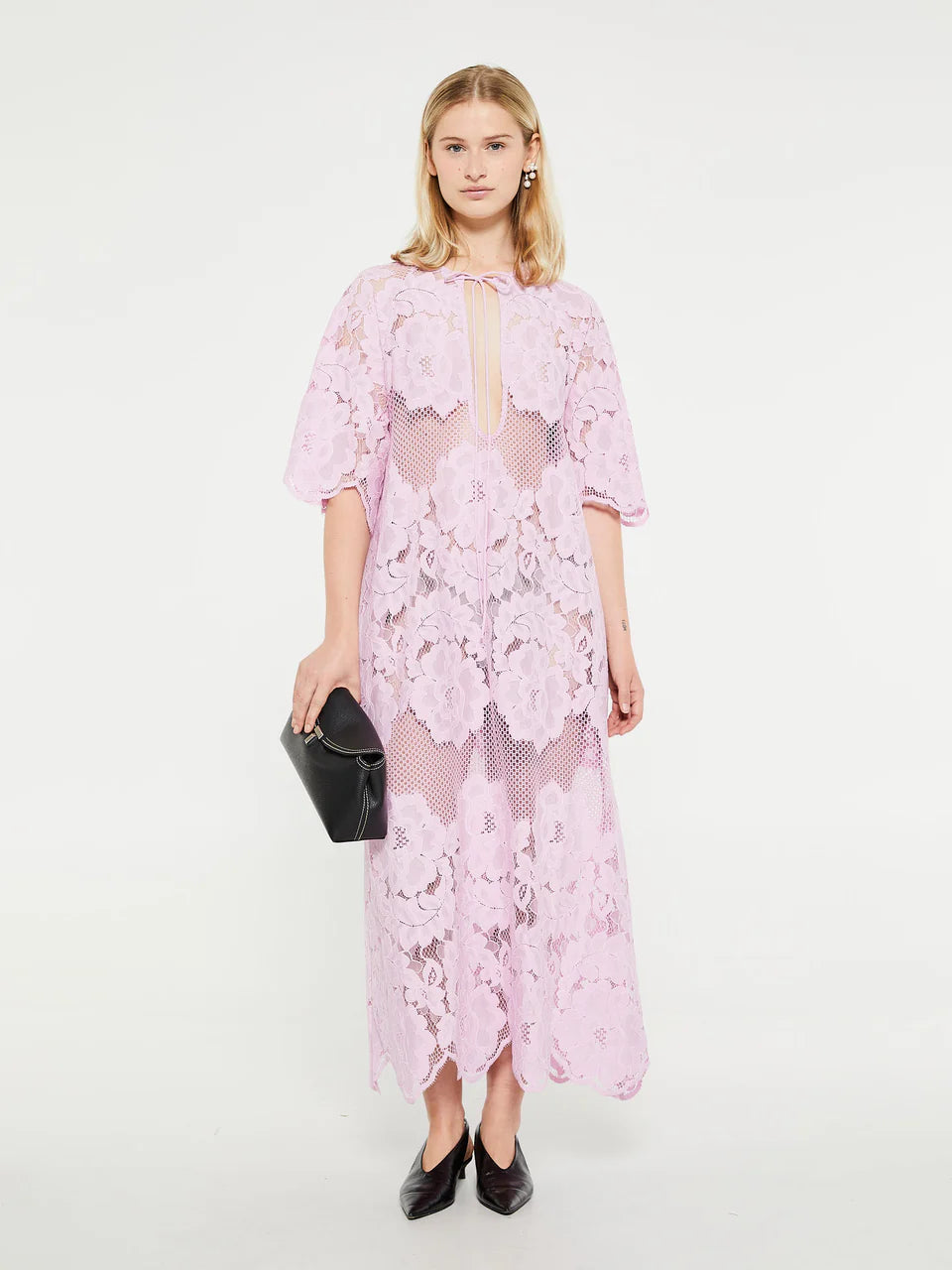ML Lola Cotton-blend Sheer Lace Short Sleeve Midi Dress