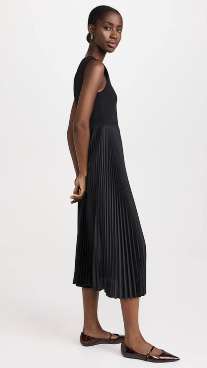 TH Combo Satin Pleated Midi Dress in Black