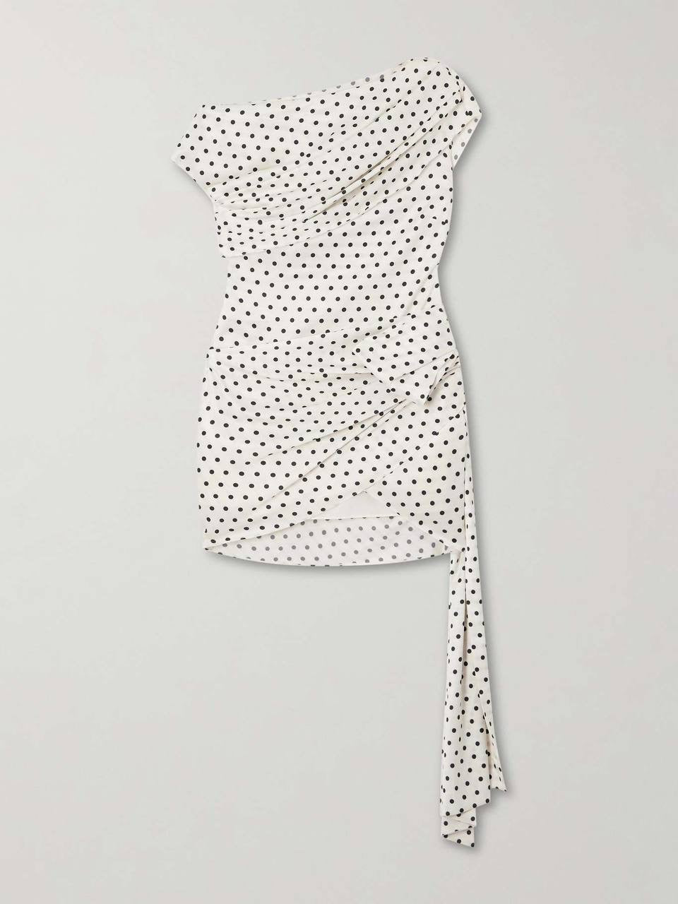 SP White Polka Dot Draped Satin One Shoulder Mini Dress