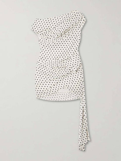 SP White Polka Dot Draped Satin One Shoulder Mini Dress