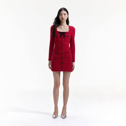 SP Red Knit Bow Round Neck Mini Dress