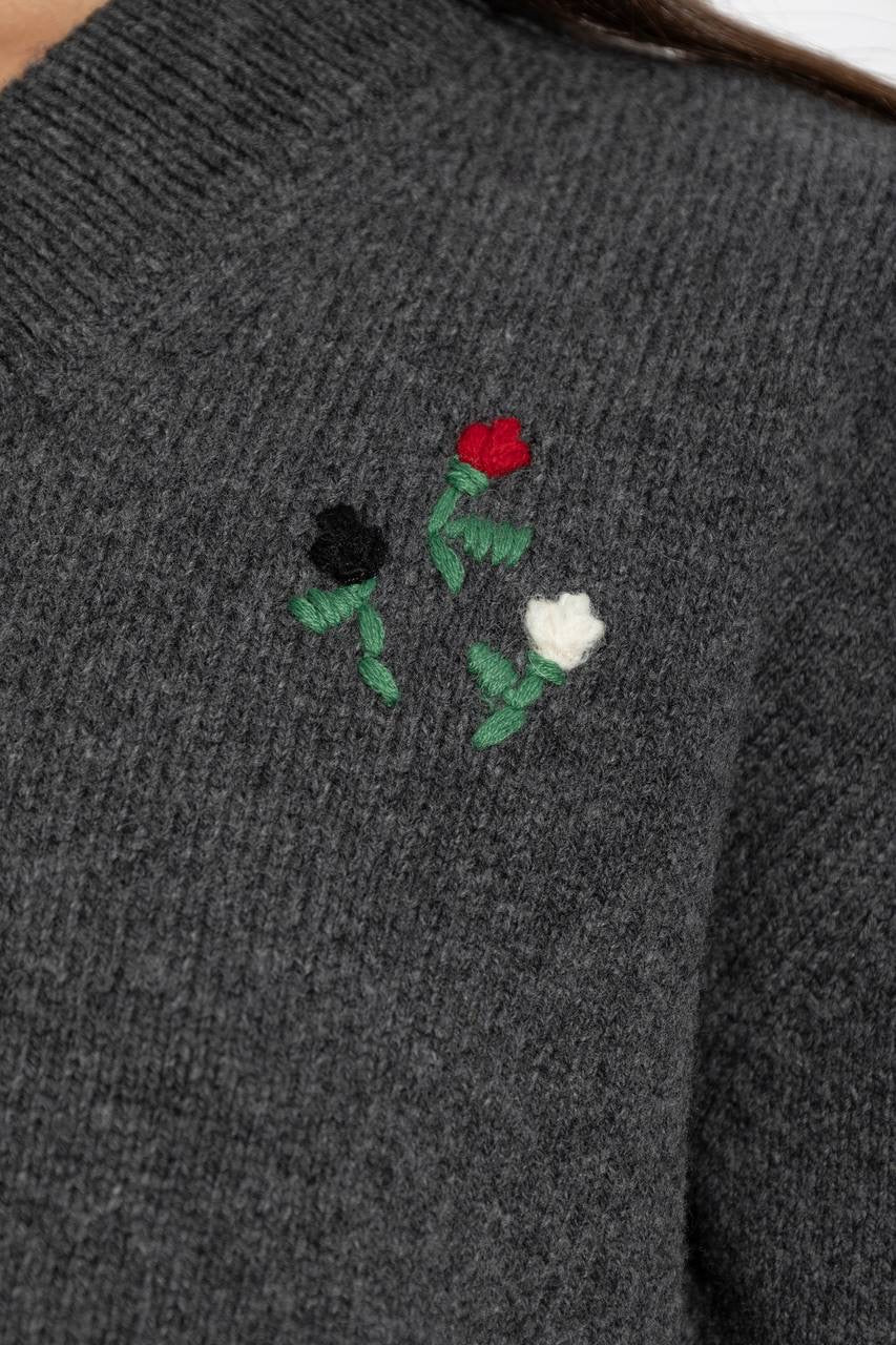 MM Grey Flower-Embroidered Short-Sleeve Wool-cashmere Jumper Top