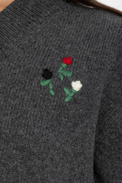 MM Grey Flower-Embroidered Short-Sleeve Wool-cashmere Jumper Top