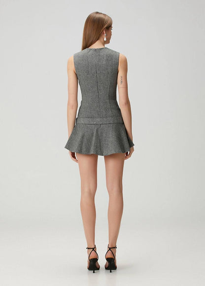 SP Grey Herringbone Belted Drop Waist Flared Mini Dress
