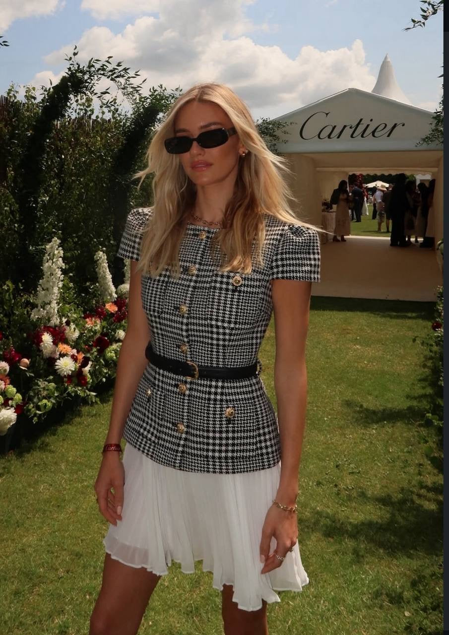 SP Grey Houndstooth Pleated Belted Short Sleeve Mini Dress | Tailored Midi Dress