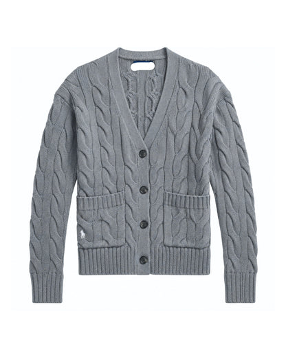 Cable-Knit Cotton V-neck Pocket Relaxed Cardigan