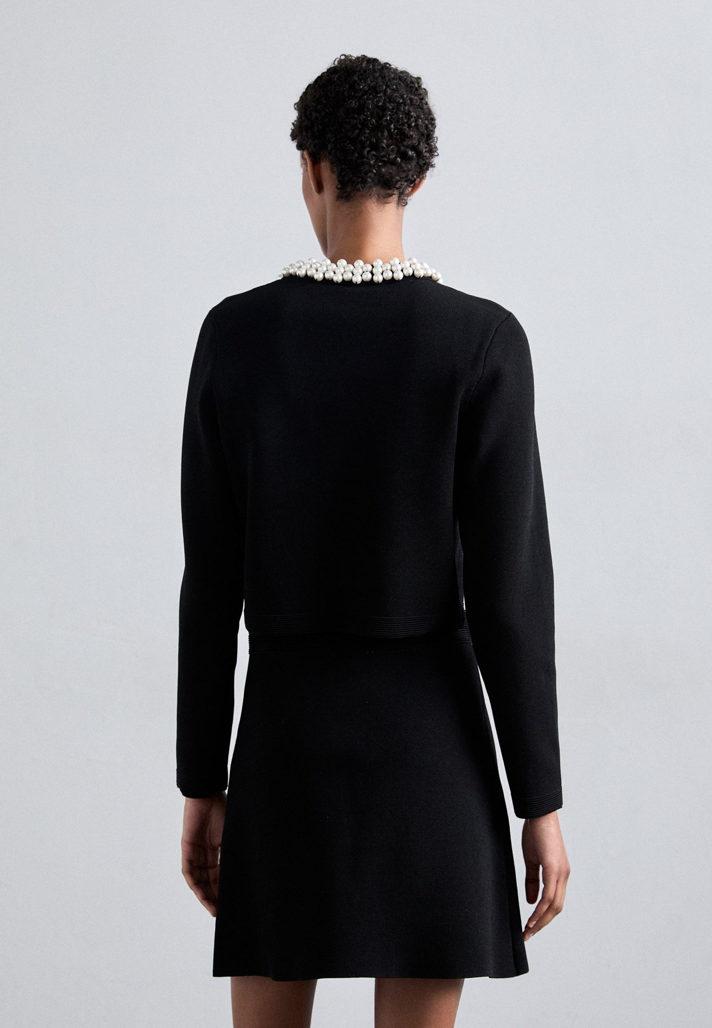 SD Cardigan with Pearl Beaded Collar | Short Knit Mini Skirt | Set