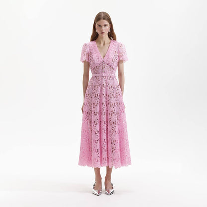 SP Pink Guipure Midi Dress Collar Lace